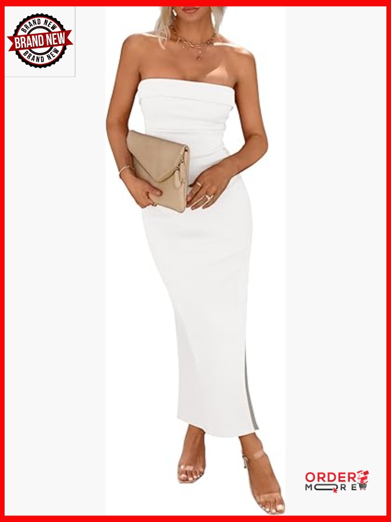 Strapless Bodycon Maxi Tube Dress Side Slit Ribbed Knit